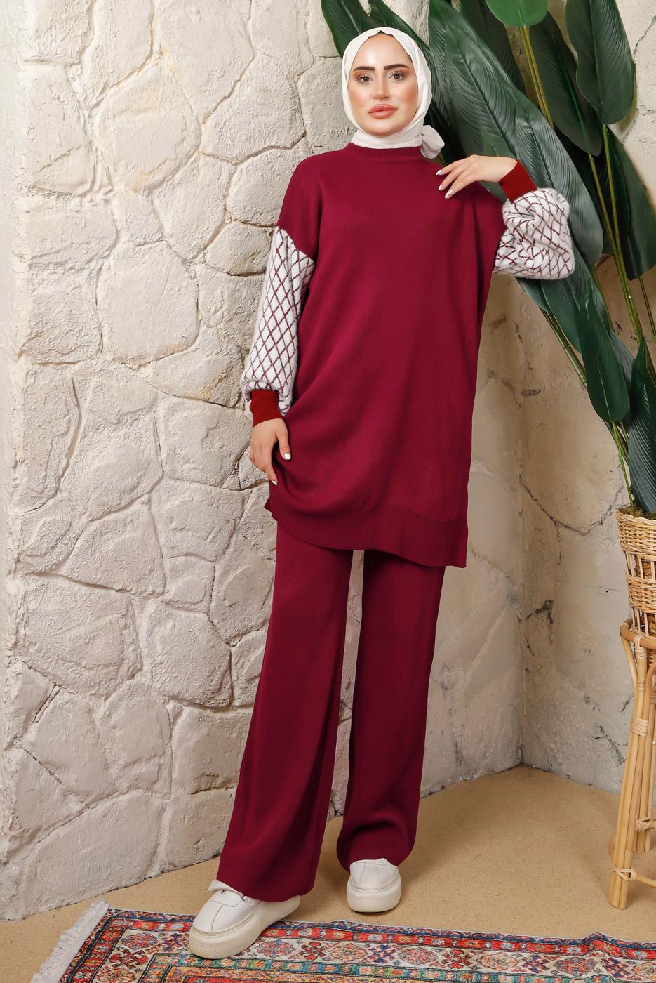 Tesettür giyim BORDO KOLU DESENLİ PANTOLONLU TRİKO TAKIM T 5408