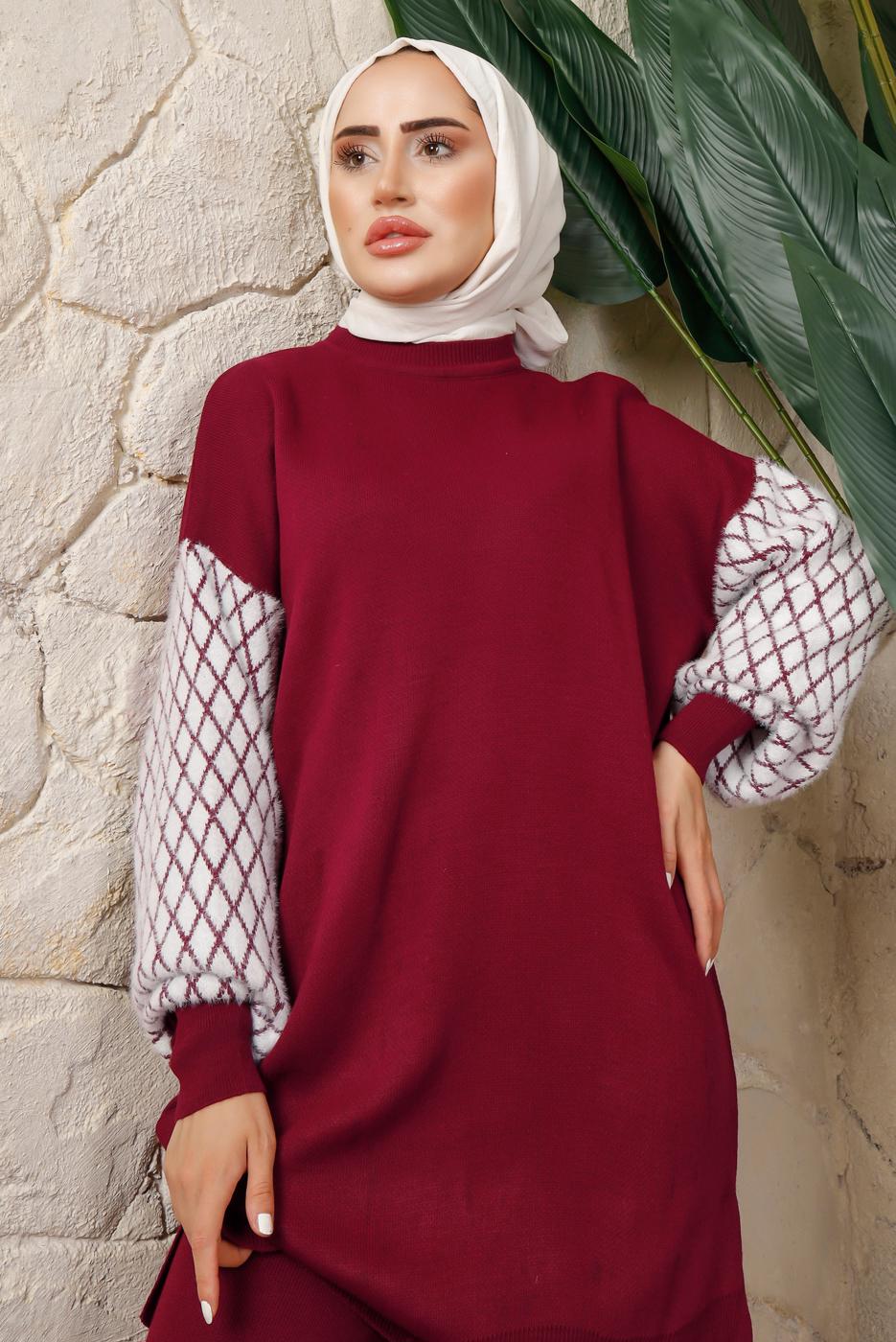 Tesettür giyim BORDO KOLU DESENLİ PANTOLONLU TRİKO TAKIM T 5408