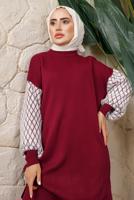 Tesettür giyim BORDO KOLU DESENLİ PANTOLONLU TRİKO TAKIM T 5408