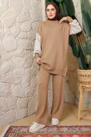 Tesettür giyim KAHVE KOLU DESENLİ PANTOLONLU TRİKO TAKIM T 5408