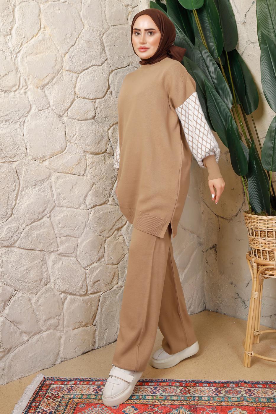 Tesettür giyim KAHVE KOLU DESENLİ PANTOLONLU TRİKO TAKIM T 5408