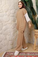 Tesettür giyim KAHVE KOLU DESENLİ PANTOLONLU TRİKO TAKIM T 5408