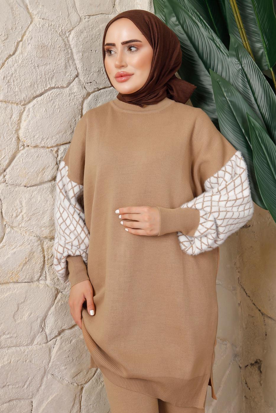 Tesettür giyim KAHVE KOLU DESENLİ PANTOLONLU TRİKO TAKIM T 5408