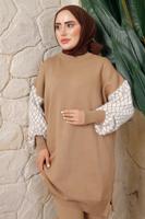 Tesettür giyim KAHVE KOLU DESENLİ PANTOLONLU TRİKO TAKIM T 5408