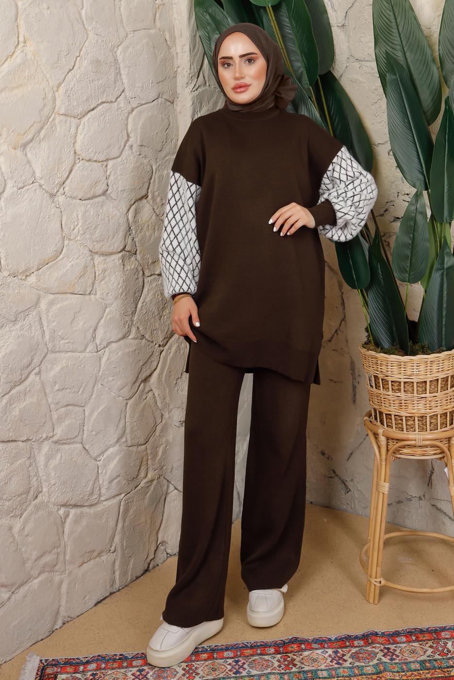 Tesettür giyim KAHVE KOLU DESENLİ PANTOLONLU TRİKO TAKIM T 5408