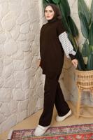 Tesettür giyim KAHVE KOLU DESENLİ PANTOLONLU TRİKO TAKIM T 5408