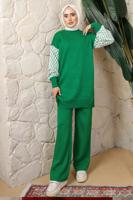 Tesettür giyim YEŞİL KOLU DESENLİ PANTOLONLU TRİKO TAKIM T 5408