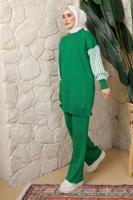 Tesettür giyim YEŞİL KOLU DESENLİ PANTOLONLU TRİKO TAKIM T 5408