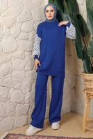 Hijab clothing NAVY BLUE PATTERNED SLEEVE KNITWEAR PANTS SUIT T 5408