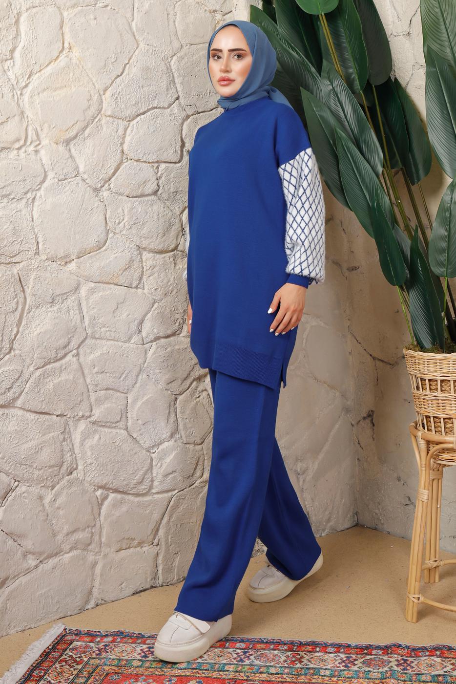 Hijab clothing NAVY BLUE PATTERNED SLEEVE KNITWEAR PANTS SUIT T 5408