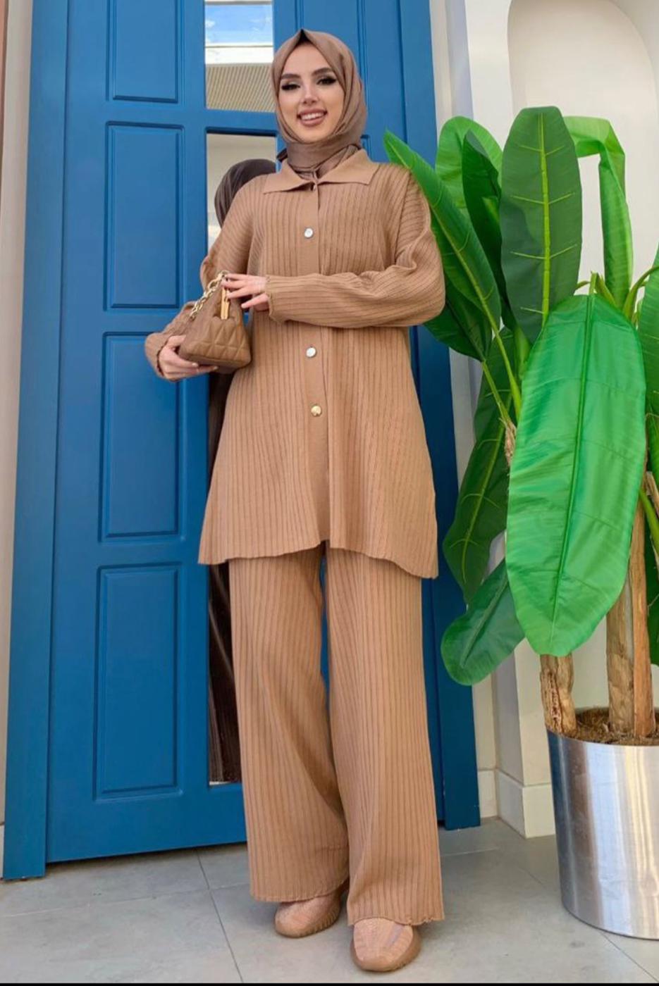 Tesettür giyim TABA PANTOLONLU TRİKO TAKIM T 54222
