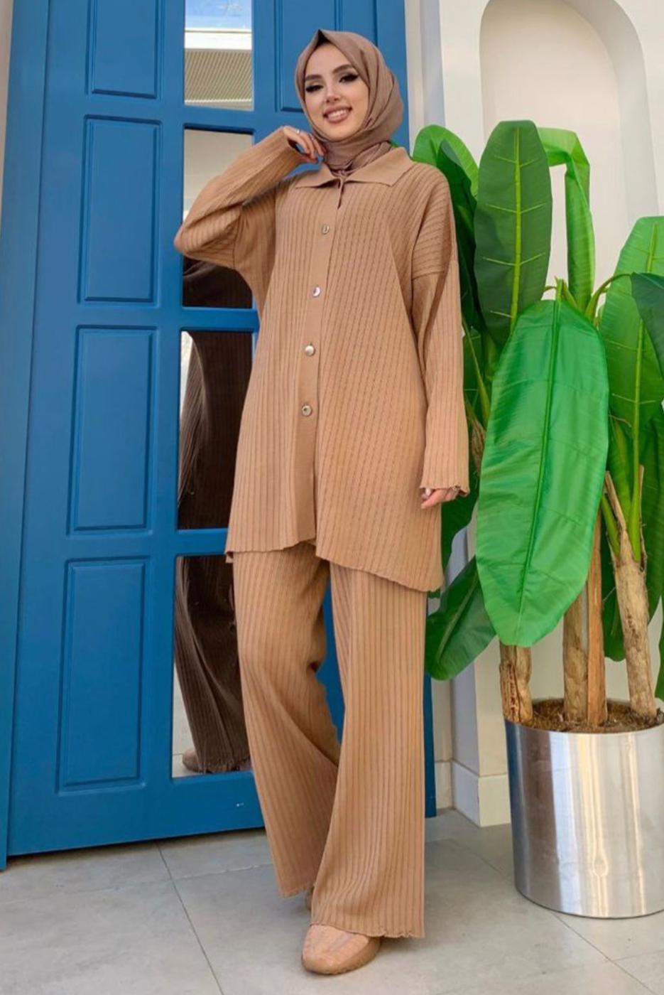 Tesettür giyim TABA PANTOLONLU TRİKO TAKIM T 54222