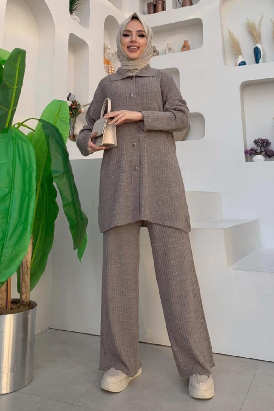 Tesettür giyim VİZON PANTOLONLU TRİKO TAKIM T 54222