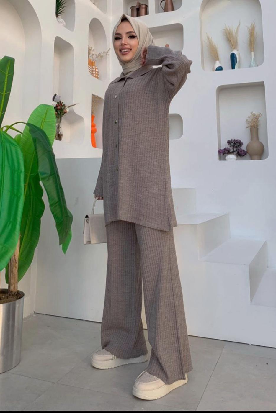 Tesettür giyim VİZON PANTOLONLU TRİKO TAKIM T 54222