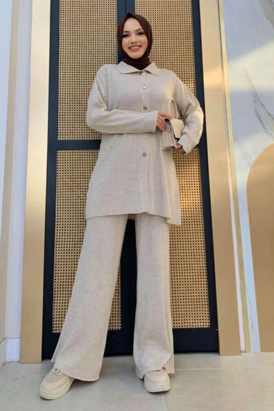 Tesettür giyim BEJ PANTOLONLU TRİKO TAKIM T 54222