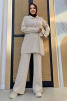 Tesettür giyim BEJ PANTOLONLU TRİKO TAKIM T 54222
