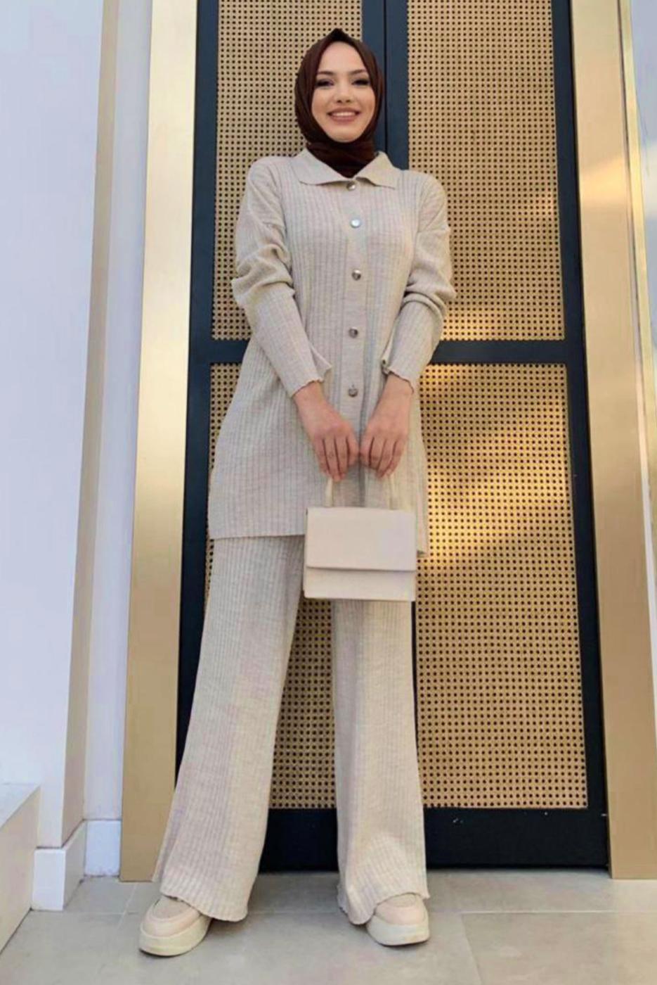 Tesettür giyim BEJ PANTOLONLU TRİKO TAKIM T 54222