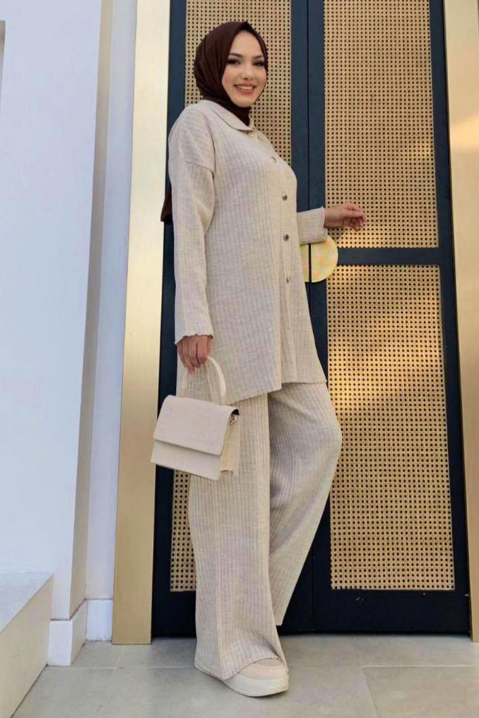 Tesettür giyim BEJ PANTOLONLU TRİKO TAKIM T 54222
