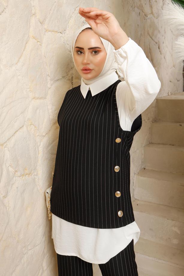 Vêtements hijab  STRIPED 3-PIECE VEST SUIT WITH PANTS T 5443 - TRENDTESETTÜR