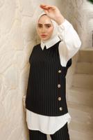 Tesettür giyim SİYAH ÇİZGİLİ ÜÇLÜ YELEKLİ TAKIM T 5443