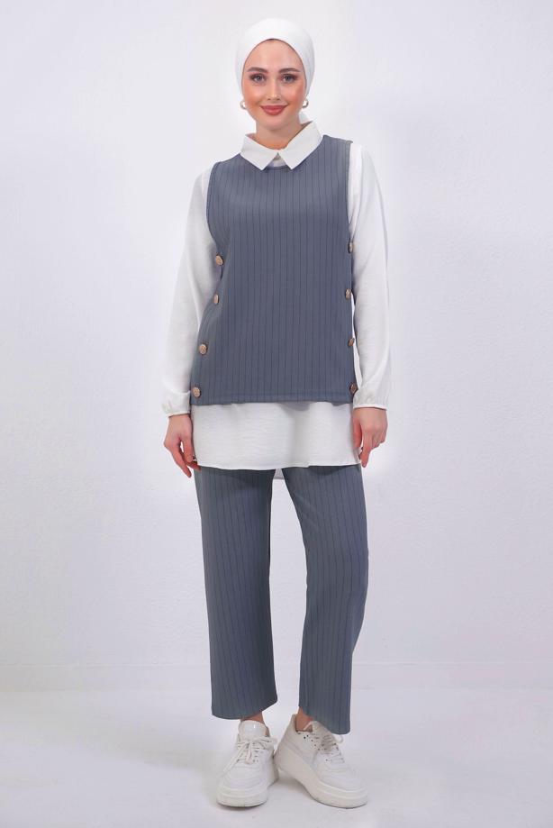 Vêtements hijab  STRIPED 3-PIECE VEST SUIT WITH PANTS T 5443 - TRENDTESETTÜR