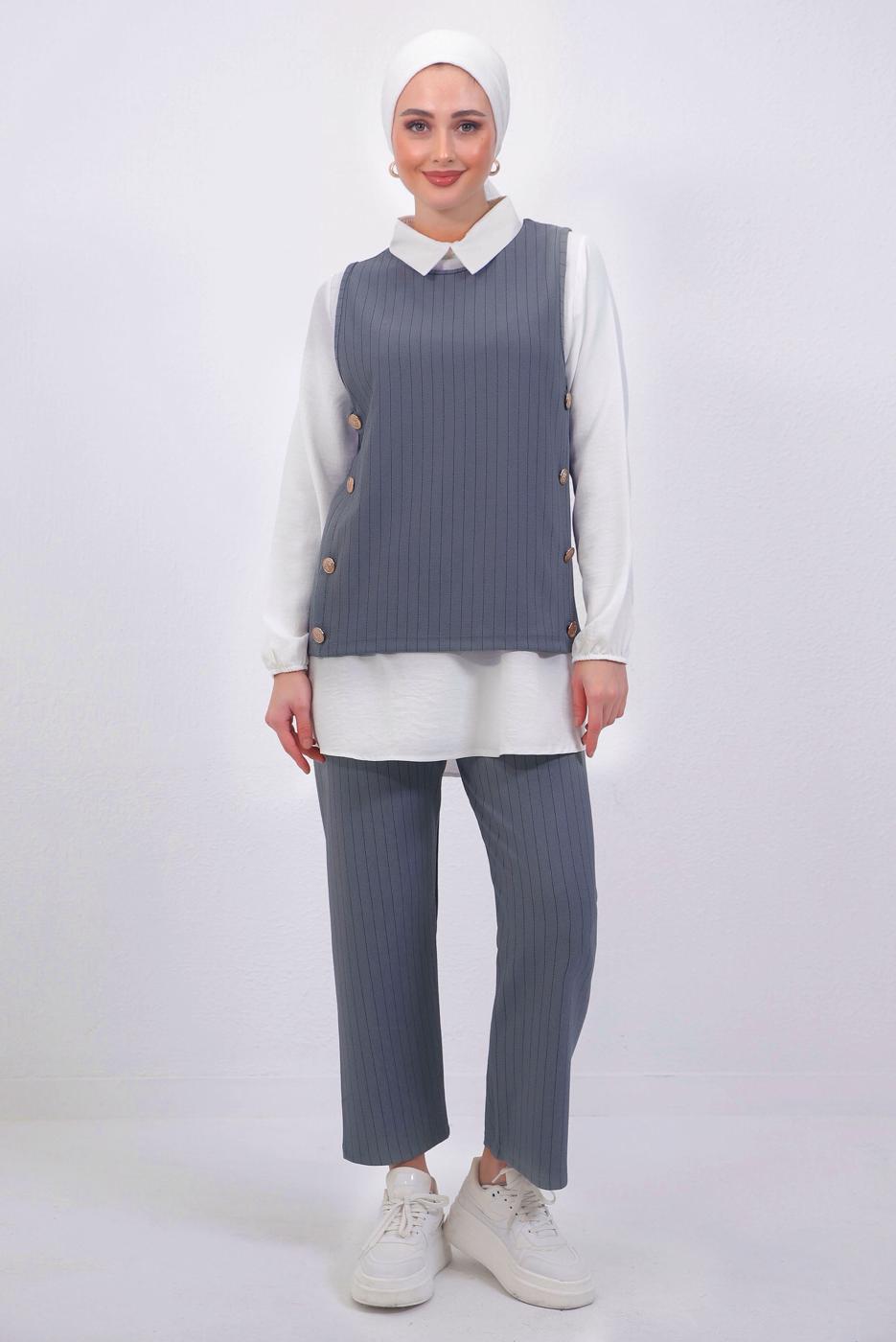 Vêtements hijab GRIS COSTUME GILET 3 PIÈCES RAYÉ AVEC PANTALON T 5443