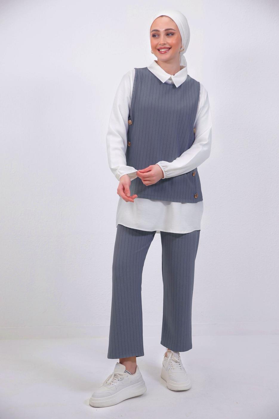 Vêtements hijab GRIS COSTUME GILET 3 PIÈCES RAYÉ AVEC PANTALON T 5443