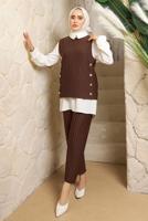 Tesettür giyim KAHVE ÇİZGİLİ ÜÇLÜ YELEKLİ TAKIM T 5443