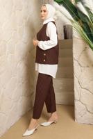 Vêtements hijab BRUN COSTUME GILET 3 PIÈCES RAYÉ AVEC PANTALON T 5443