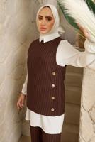 Tesettür giyim KAHVE ÇİZGİLİ ÜÇLÜ YELEKLİ TAKIM T 5443
