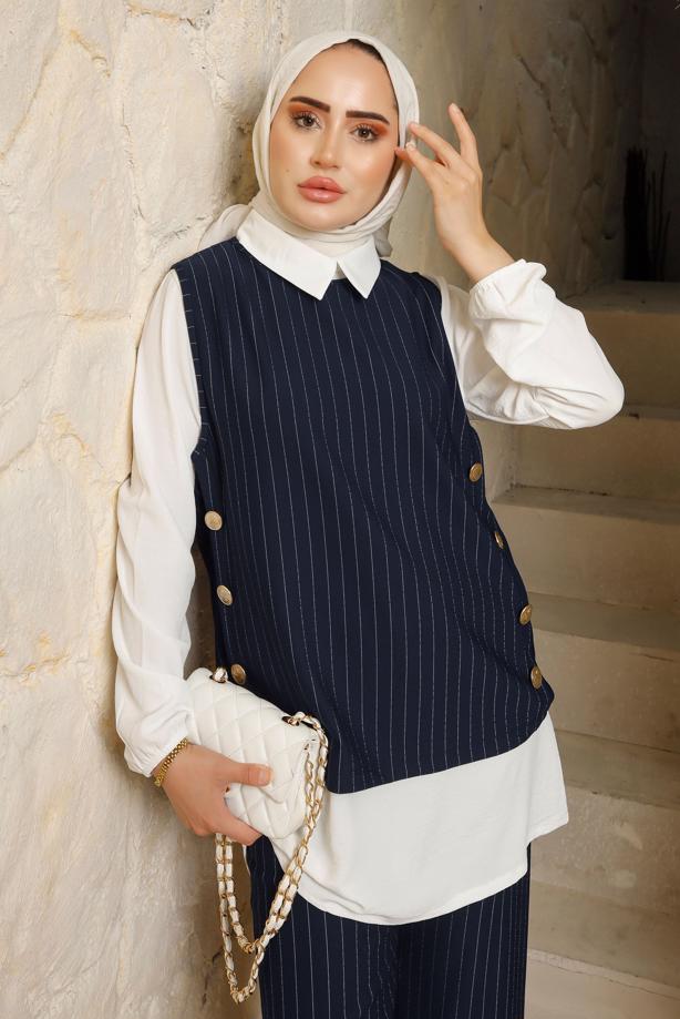 Vêtements hijab  STRIPED 3-PIECE VEST SUIT WITH PANTS T 5443 - TRENDTESETTÜR