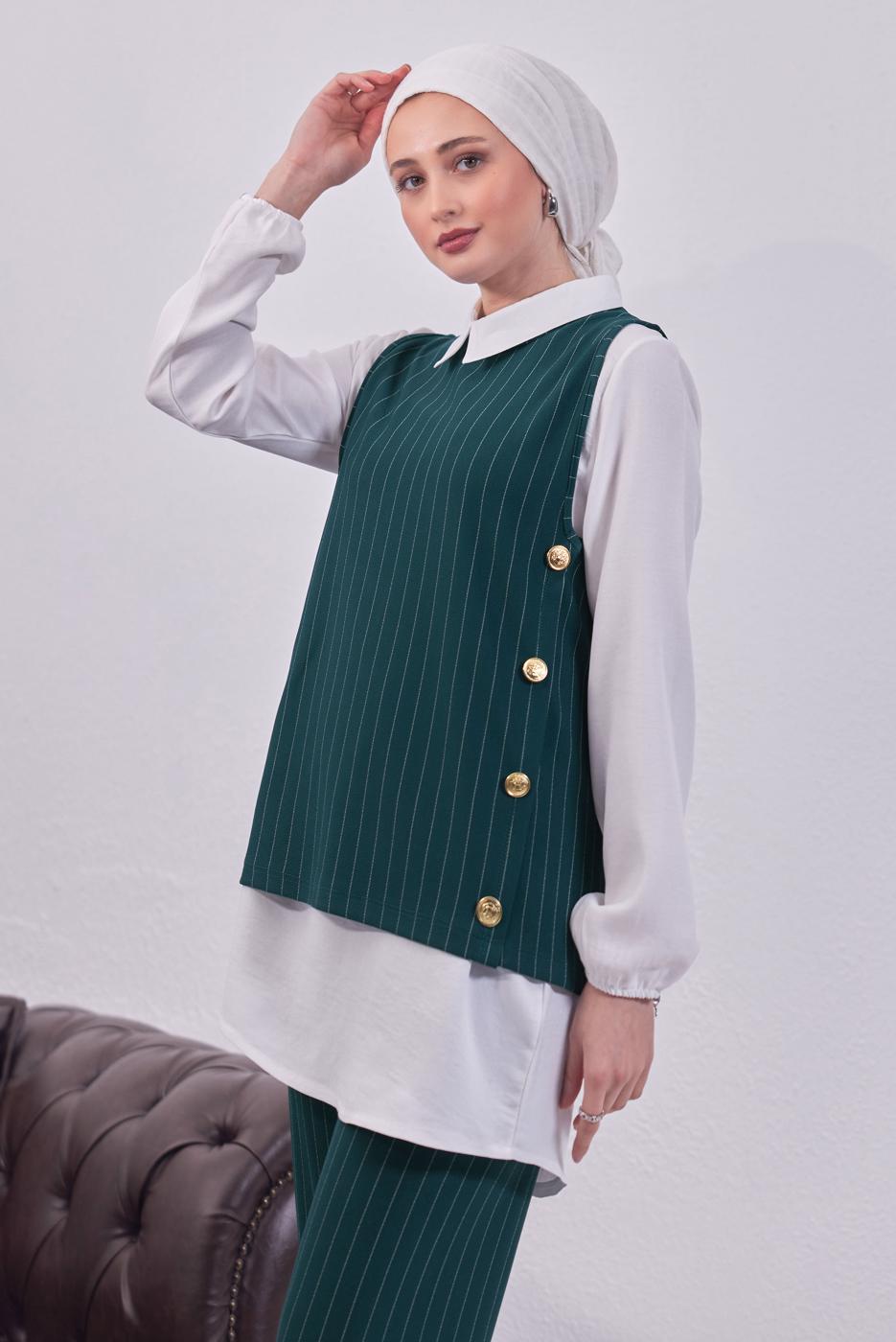 Hijab clothing BLUE STRIPED 3-PIECE VEST SUIT WITH PANTS T 5443