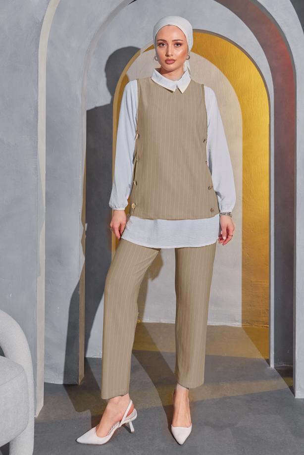 Vêtements hijab  STRIPED 3-PIECE VEST SUIT WITH PANTS T 5443 - TRENDTESETTÜR