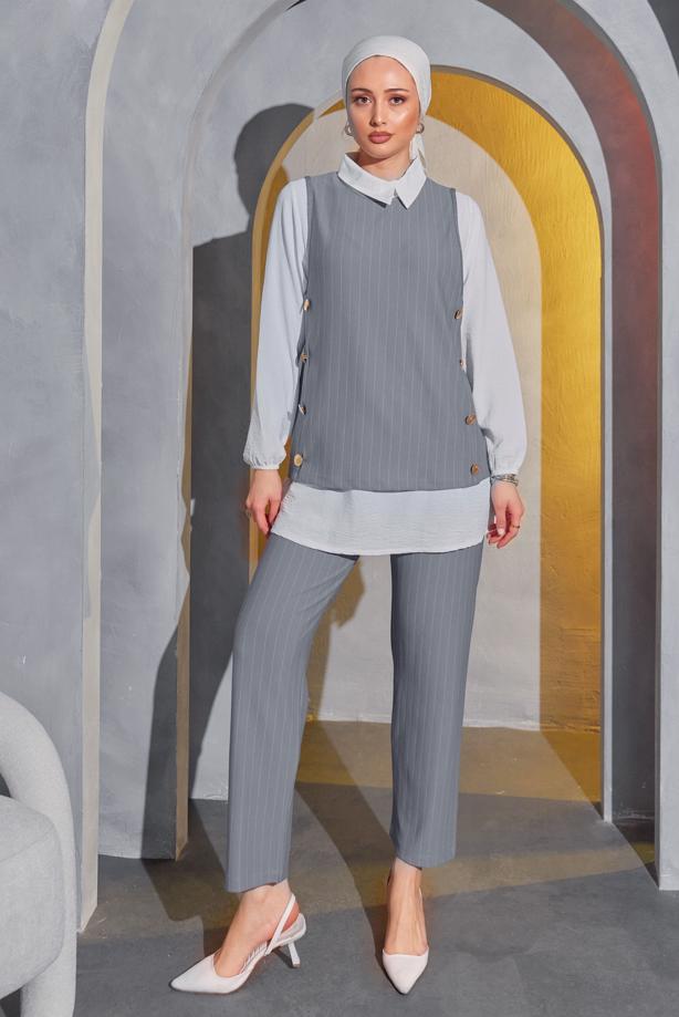 Vêtements hijab  STRIPED 3-PIECE VEST SUIT WITH PANTS T 5443 - TRENDTESETTÜR