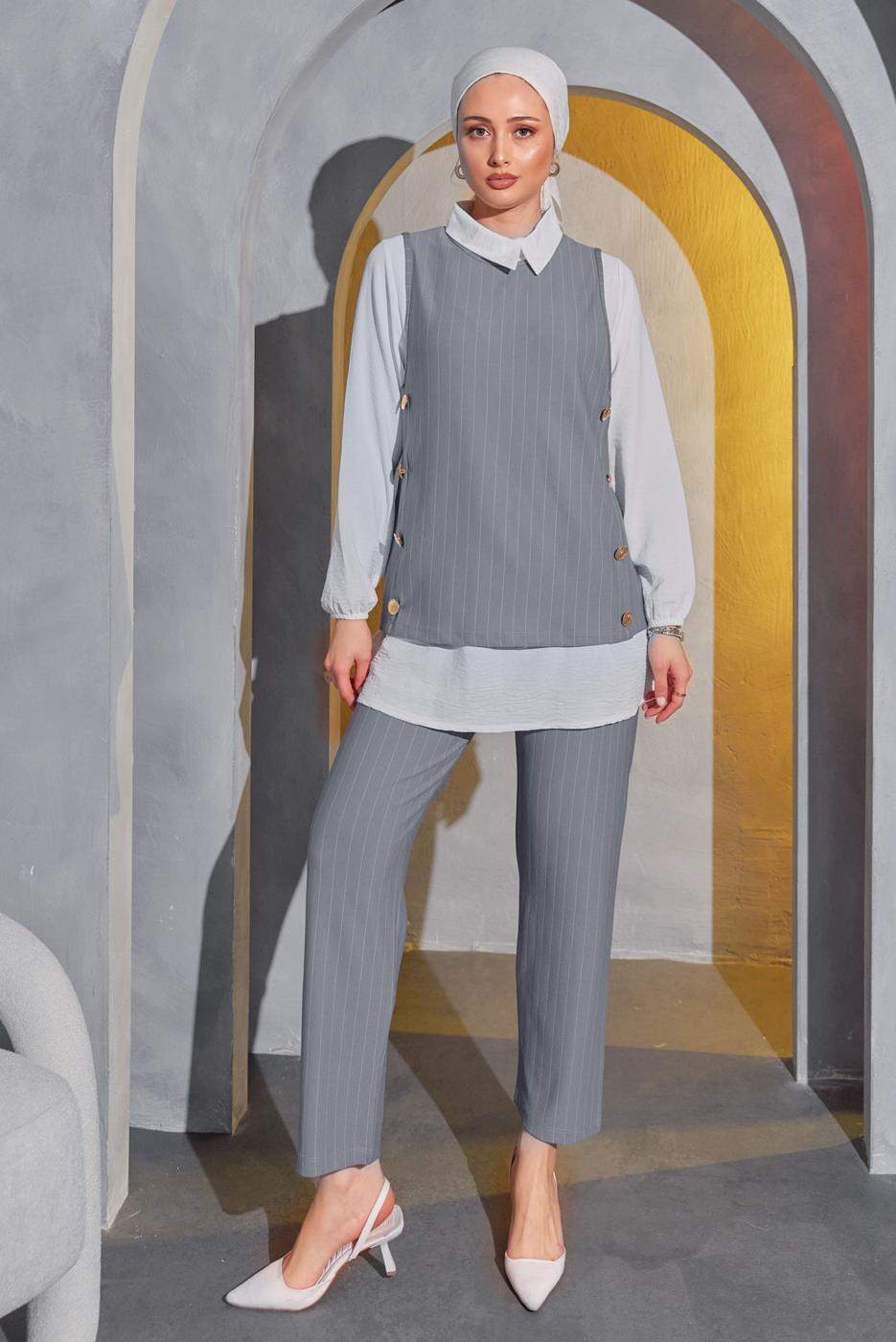 Vêtements hijab GRIS COSTUME GILET 3 PIÈCES RAYÉ AVEC PANTALON T 5443