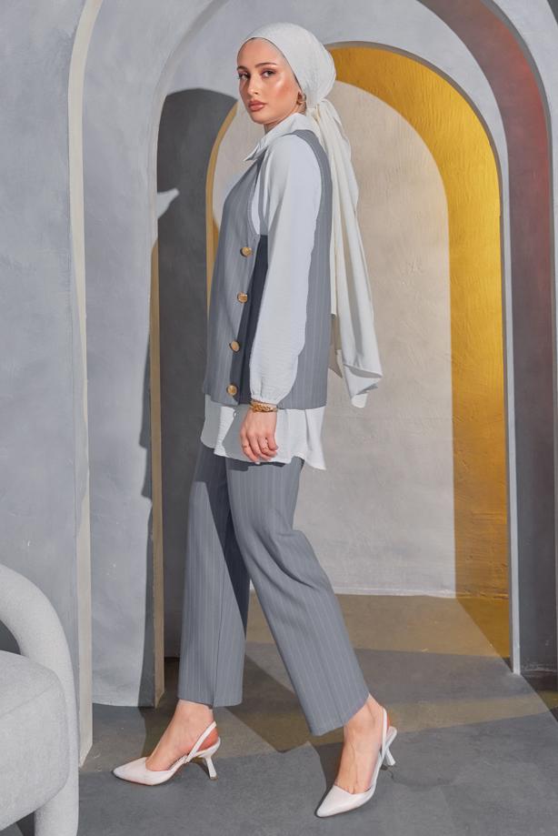 Vêtements hijab  STRIPED 3-PIECE VEST SUIT WITH PANTS T 5443 - TRENDTESETTÜR