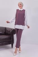 Tesettür giyim PEMBE ÇİZGİLİ ÜÇLÜ YELEKLİ TAKIM T 5443
