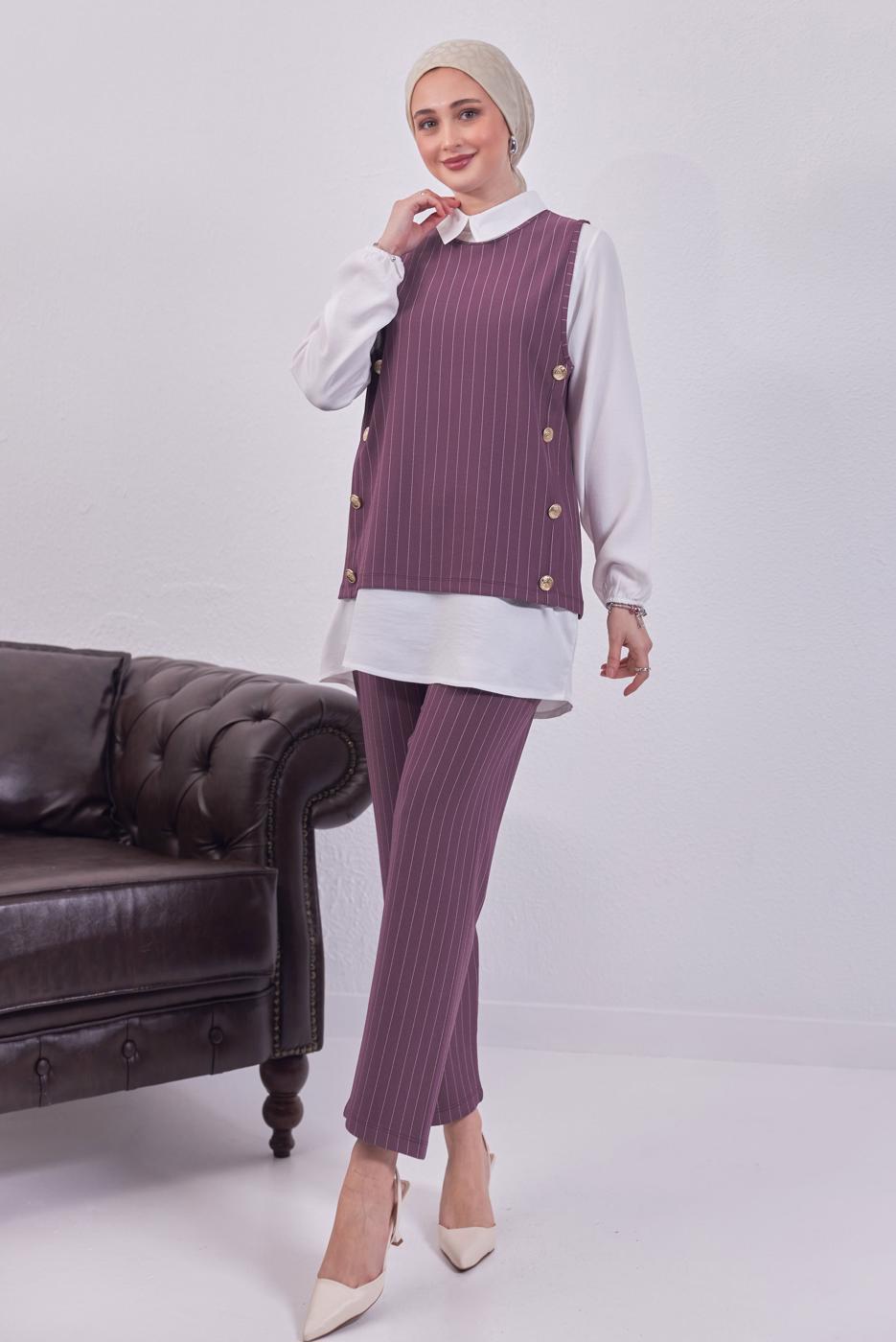 Tesettür giyim PEMBE ÇİZGİLİ ÜÇLÜ YELEKLİ TAKIM T 5443