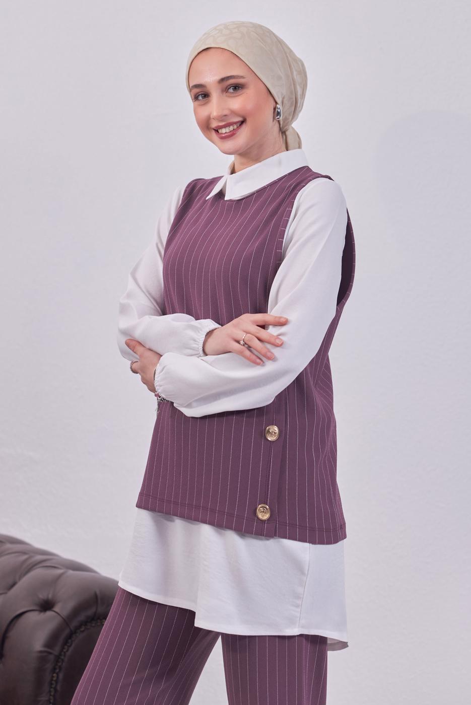 Tesettür giyim PEMBE ÇİZGİLİ ÜÇLÜ YELEKLİ TAKIM T 5443