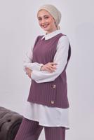 Tesettür giyim PEMBE ÇİZGİLİ ÜÇLÜ YELEKLİ TAKIM T 5443