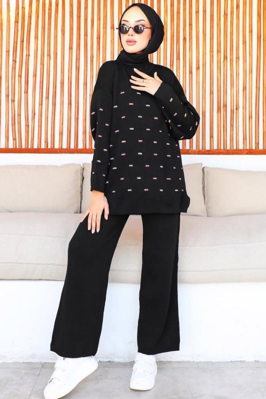 Tesettür giyim SİYAH PANTOLONLU TRİKO TAKIM T 60032