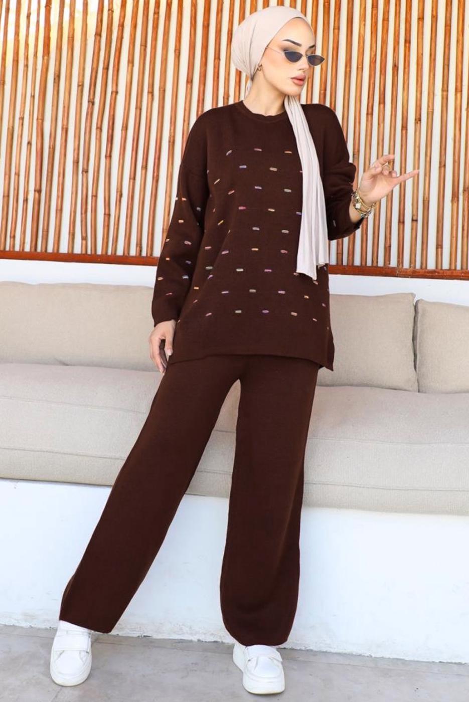 Tesettür giyim KAHVE PANTOLONLU TRİKO TAKIM T 60032