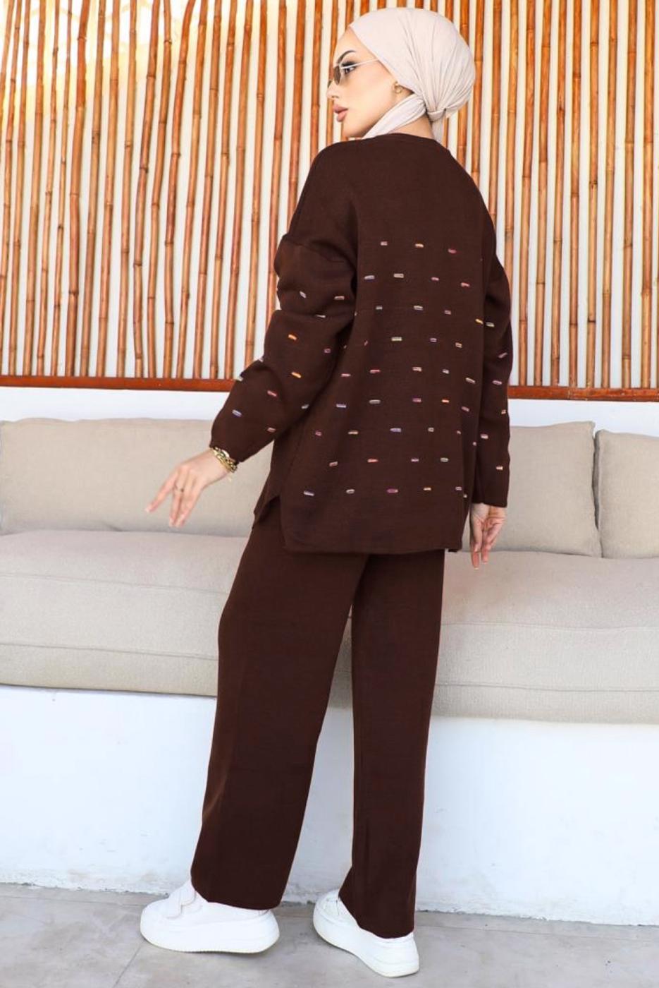 Tesettür giyim KAHVE PANTOLONLU TRİKO TAKIM T 60032