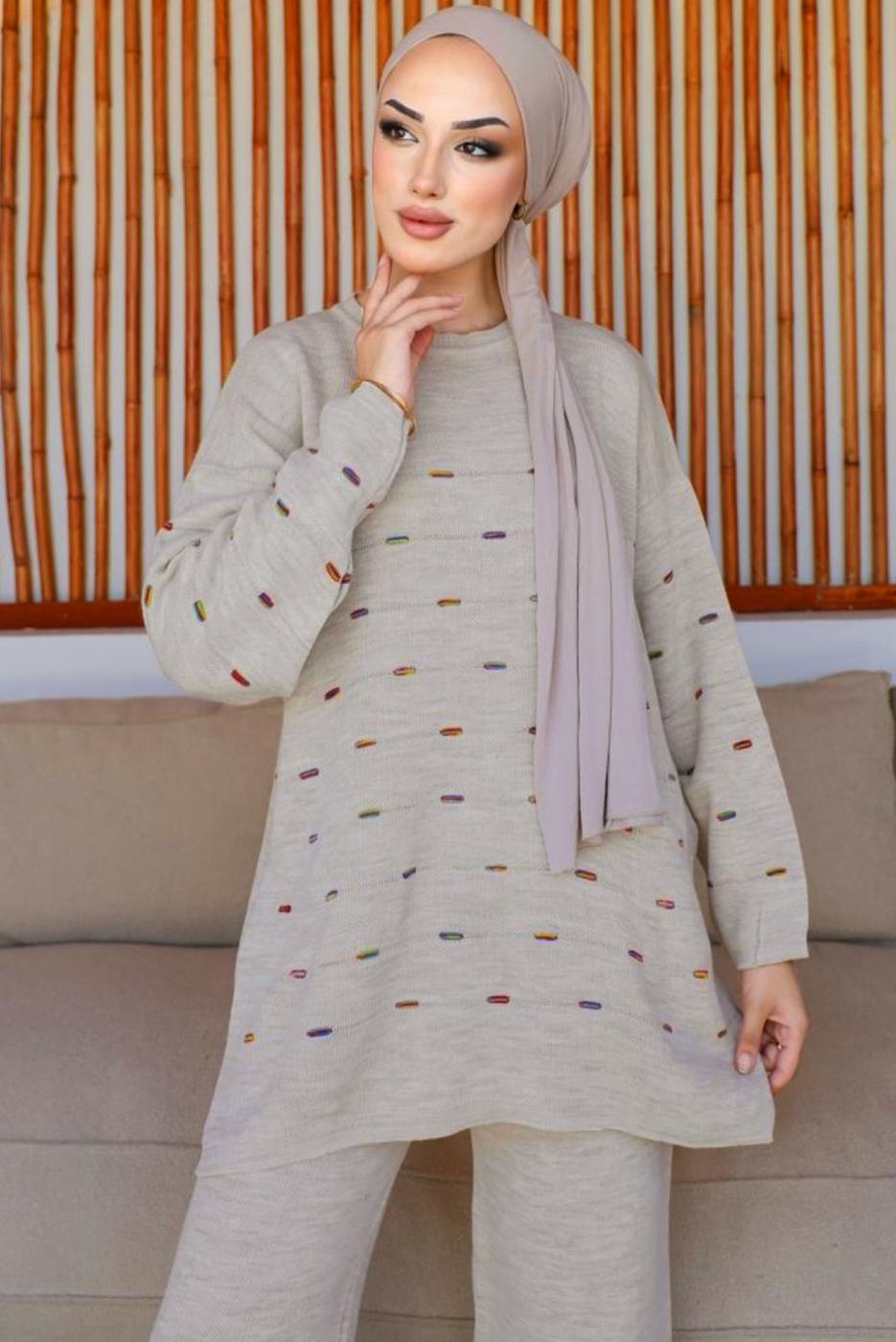 Tesettür giyim BEJ PANTOLONLU TRİKO TAKIM T 60032