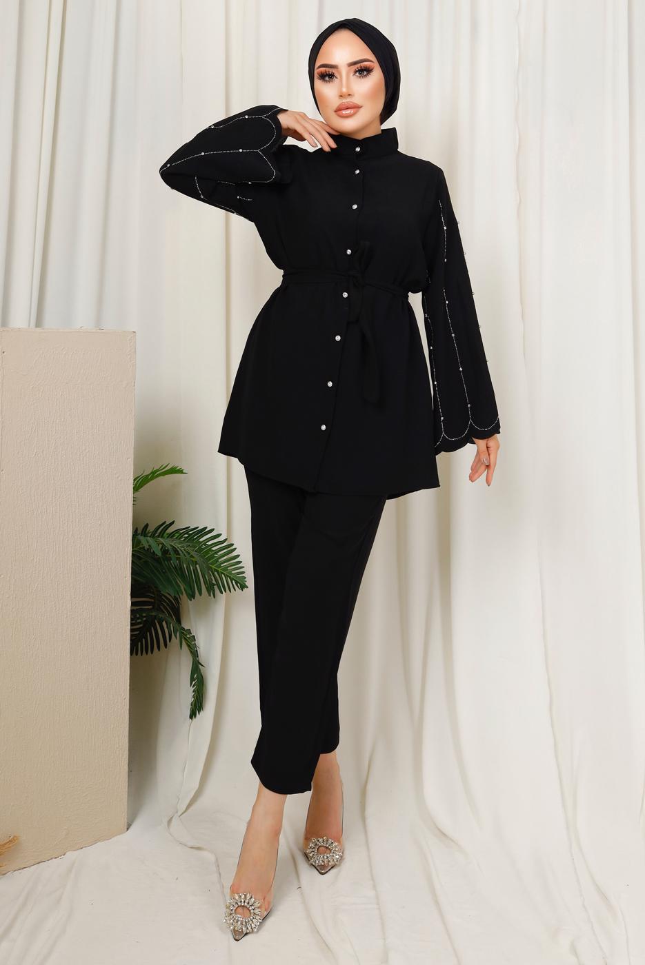 Tesettür giyim SİYAH KOLU TAŞ İŞLEMELİ PANTOLONLU TAKIM T 6013