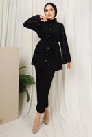 Tesettür giyim SİYAH KOLU TAŞ İŞLEMELİ PANTOLONLU TAKIM T 6013