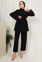 Tesettür giyim SİYAH KOLU TAŞ İŞLEMELİ PANTOLONLU TAKIM T 6013