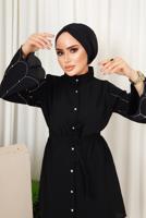 Tesettür giyim SİYAH KOLU TAŞ İŞLEMELİ PANTOLONLU TAKIM T 6013