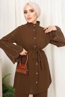 Tesettür giyim KAHVE KOLU TAŞ İŞLEMELİ PANTOLONLU TAKIM T 6013