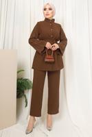 Tesettür giyim KAHVE KOLU TAŞ İŞLEMELİ PANTOLONLU TAKIM T 6013